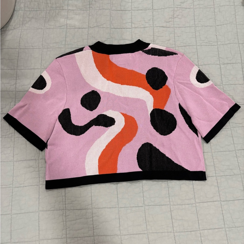ASOS Urban Revivo Pink Abstract Swirl Polka Dot Knit Crop Top Short Sleeve Sz 4 - Picture 4 of 4